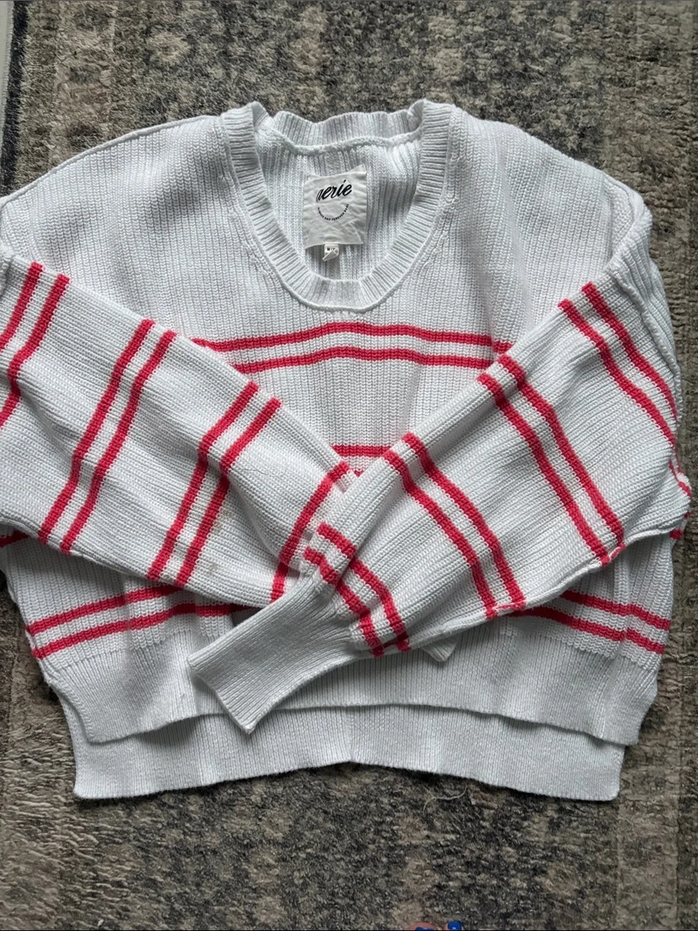 aerie White Sweater with Pink Stripes